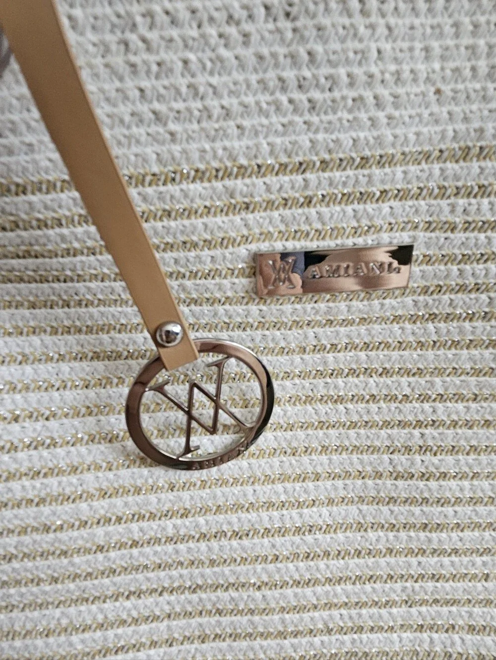 miami Beige Straw Tote with Brown Trim and Logo Charm